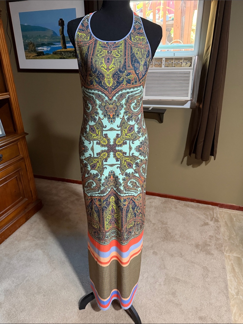 Clover Canyon Mint, Coral & Navy Paisley Racerback Maxi Dress